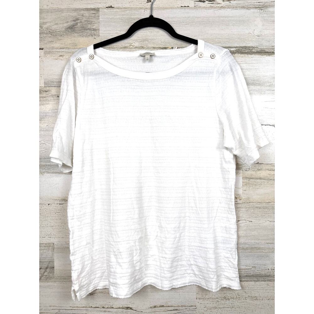 Talbots Womens L Petite White Textured Stripe Button Shoulder Summer Tee Top